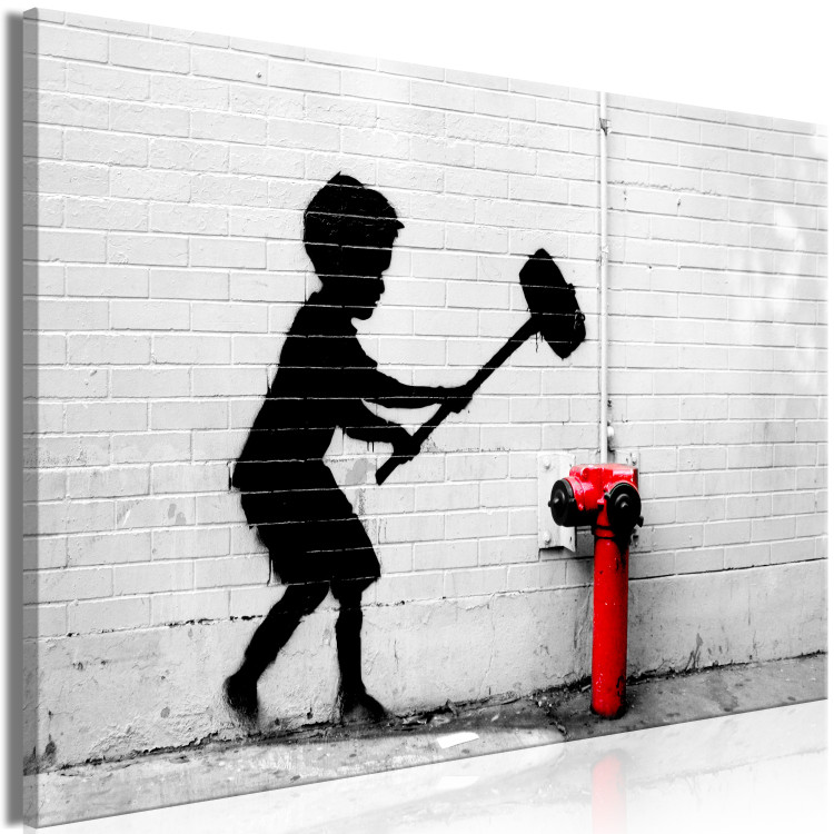 Canvas Art Print Destroy Hydrant (1-piece) Wide - street art of a child on brick 132440 additionalImage 2