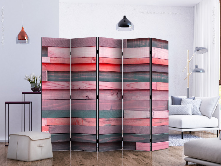 Folding Screen Pink Manor II (5-piece) - wooden stripes in shades of pink 132740 additionalImage 2