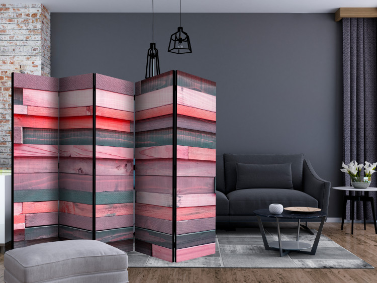Folding Screen Pink Manor II (5-piece) - wooden stripes in shades of pink 132740 additionalImage 4