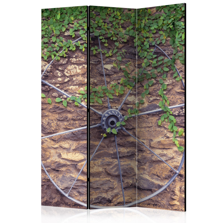 Room Separator Wheel of Time (3-piece) - composition with plants and a brick wall 133140