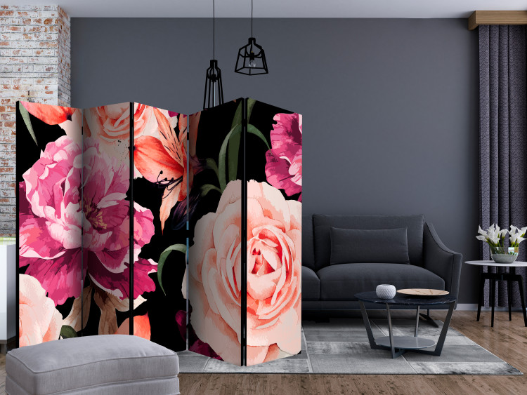 Room Separator Roses of Love II - romantic pink flowers on a solid black background 133840 additionalImage 4