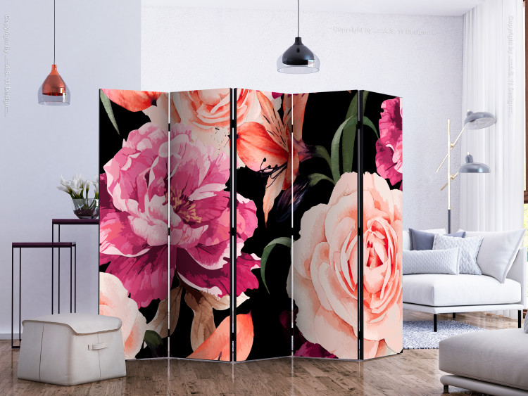 Room Separator Roses of Love II - romantic pink flowers on a solid black background 133840 additionalImage 2