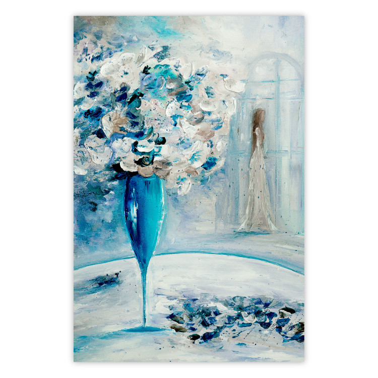 Poster Bouquet of Hope - flowers in a vase and a woman in a blue composition 136040
