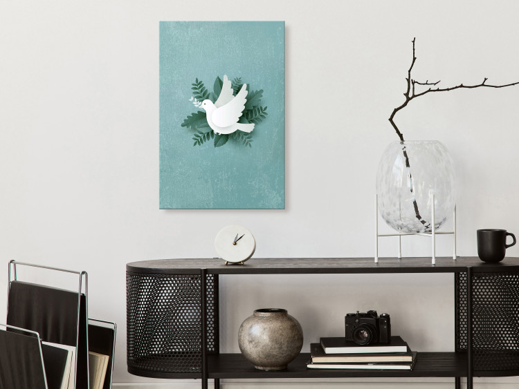 Canvas Art Print Peace Dove (1-piece) Vertical - white bird and green plants 142440 additionalImage 3
