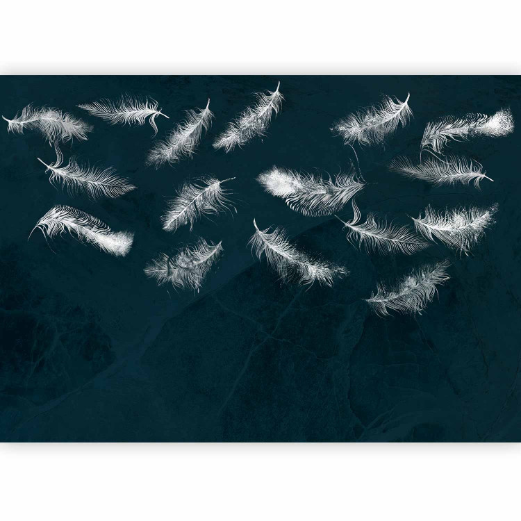 Wall Mural In flight - white feathers carried by the wind on a dark blue background with pattern 142640 additionalImage 1