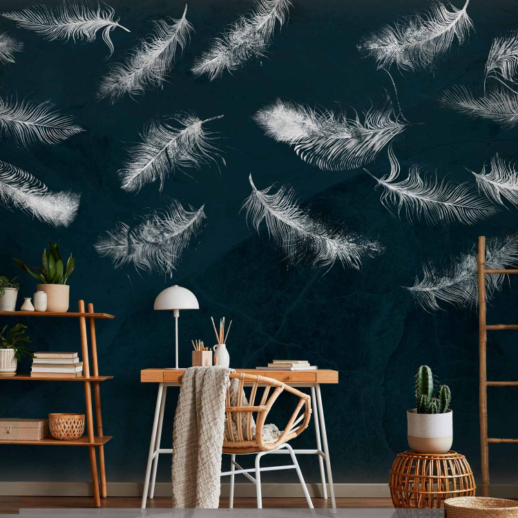 Wall Mural In flight - white feathers carried by the wind on a dark blue background with pattern 142640 additionalImage 4