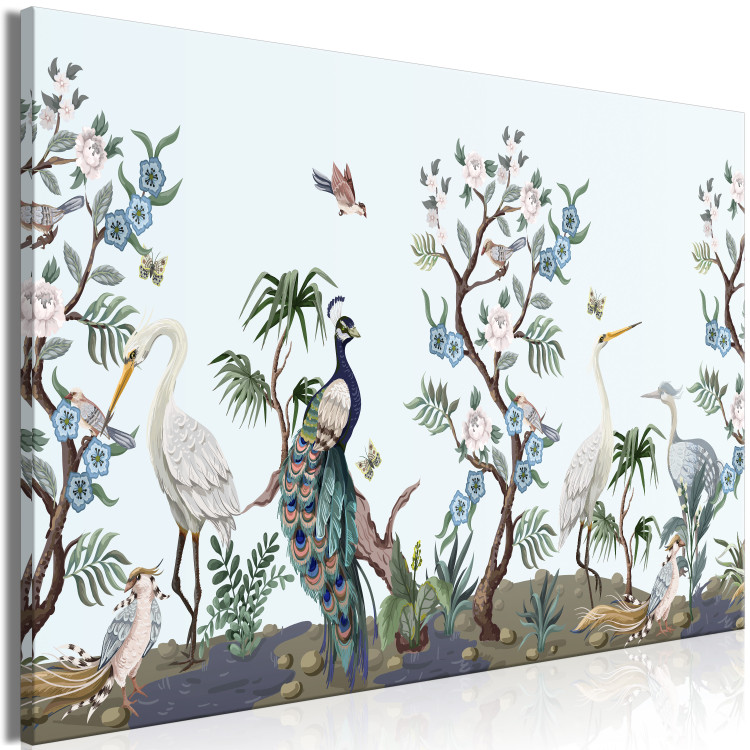 Canvas Art Print Oriental Birds - Cranes and Peacocks Among Vegetation and Flowers 149740 additionalImage 2