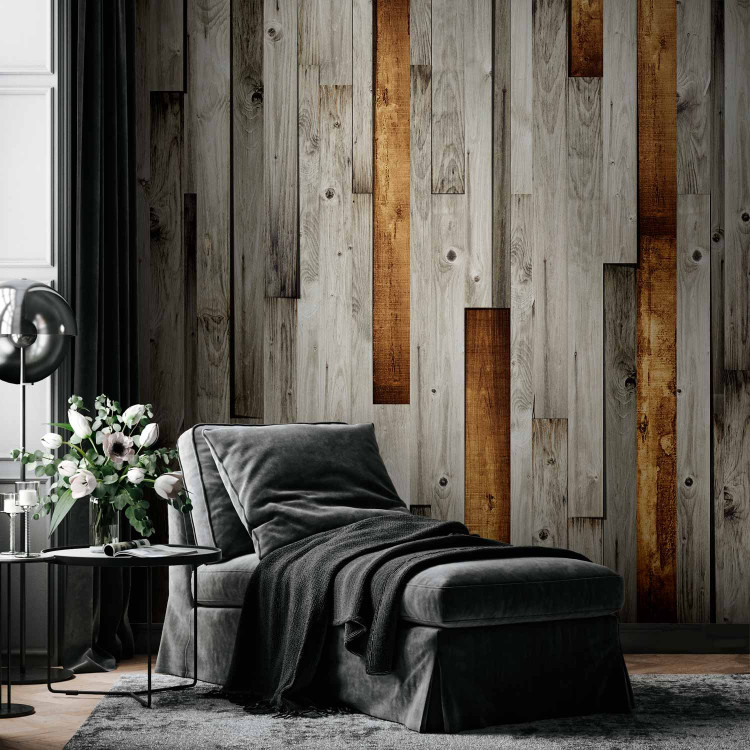 Photo Wallpaper Wooden Texture - Design of gray wooden planks with a brown accent 61040