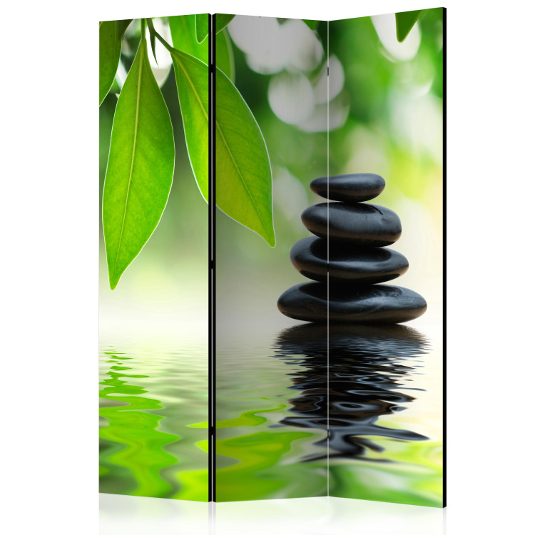 Folding Screen Tranquility - dark Zen-style stones against green bamboo leaves 97340