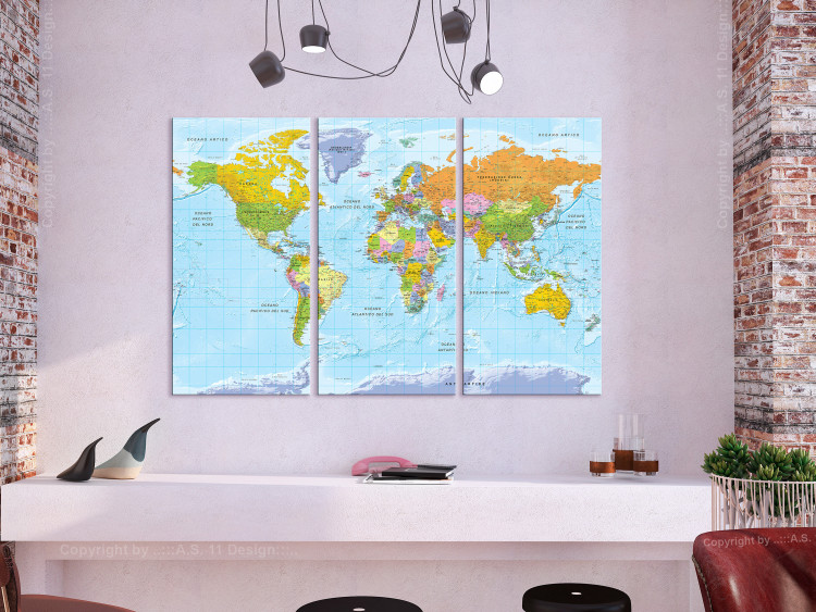 Canvas Print World Map in Colors (3-part) - Continents with Italian Labels 122350 additionalImage 3