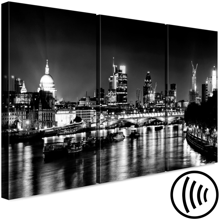 Canvas Art Print Triptych London by night - black and white panorama with the Thames 123650 additionalImage 6