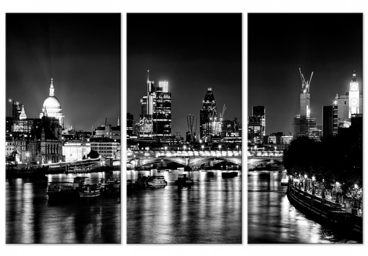Canvas Art Print Triptych London by night - black and white panorama with the Thames 123650