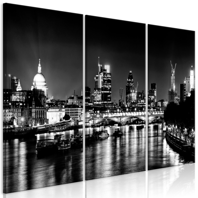 Canvas Art Print Triptych London by night - black and white panorama with the Thames 123650 additionalImage 2