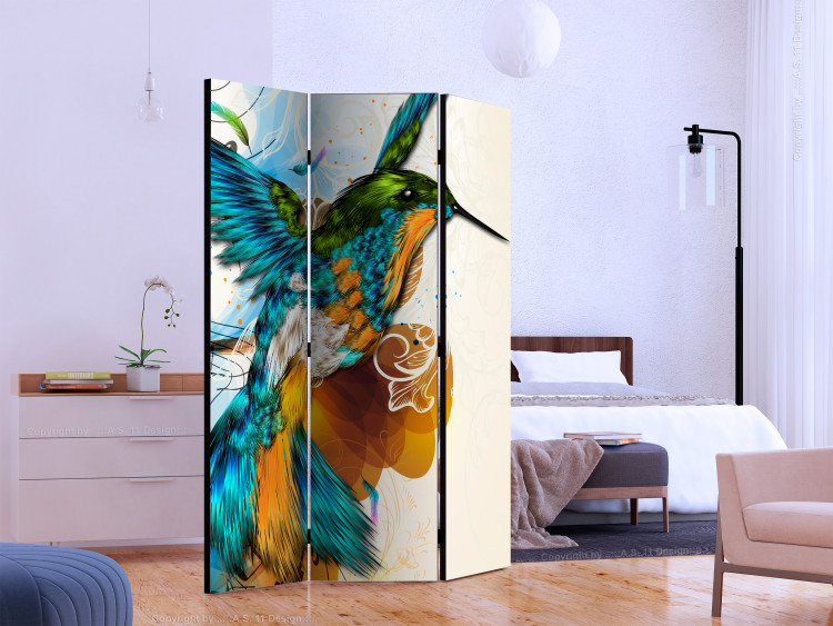 Folding Screen Bird's Music (3-piece) - colorful fantasy with a hummingbird against the sky 124150 additionalImage 2