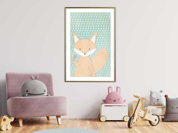Poster Little Fox - funny animal with a lollipop in hand on polka dot wall 129550 additionalImage 15