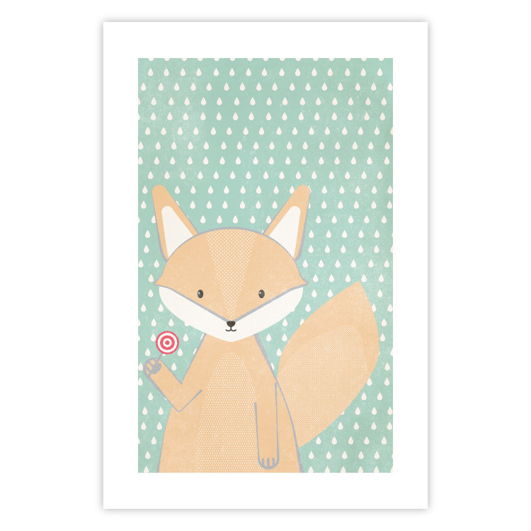 Poster Little Fox - funny animal with a lollipop in hand on polka dot wall 129550 additionalImage 18