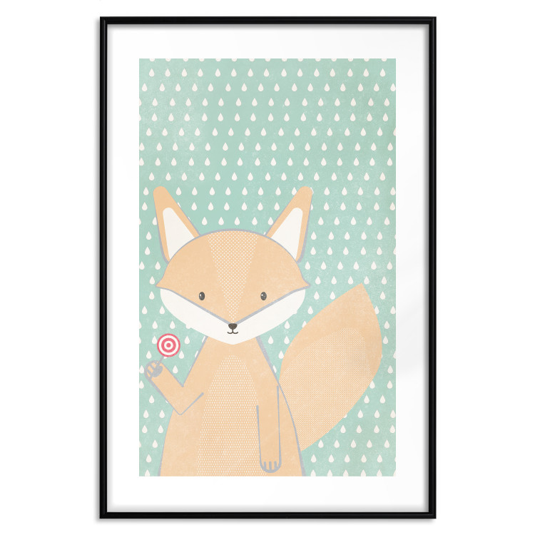 Poster Little Fox - funny animal with a lollipop in hand on polka dot wall 129550 additionalImage 17