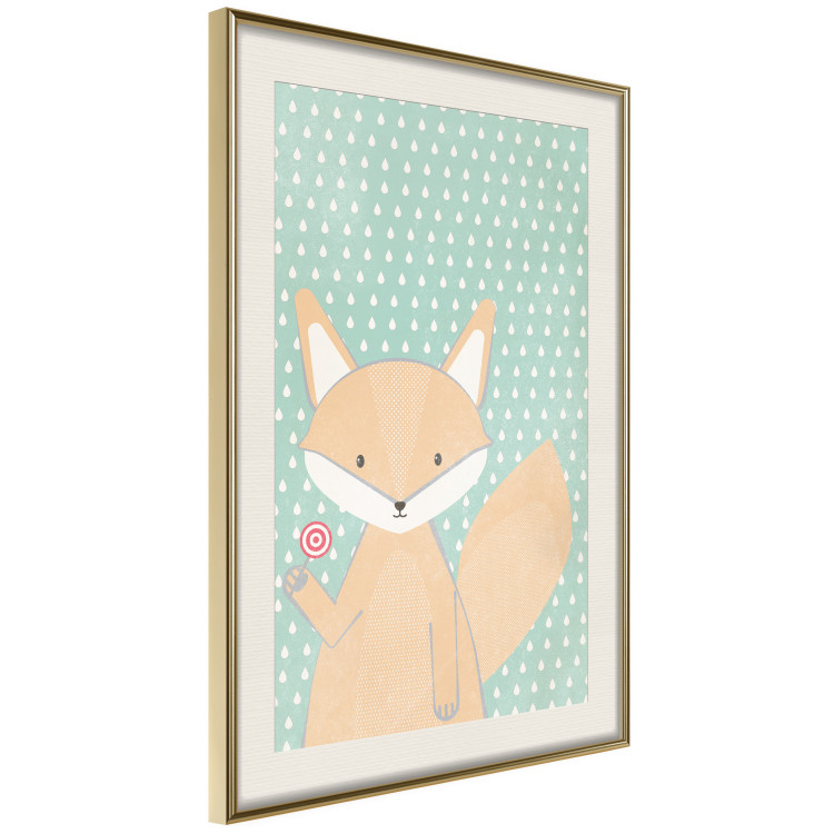 Poster Little Fox - funny animal with a lollipop in hand on polka dot wall 129550 additionalImage 3