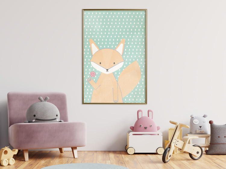 Poster Little Fox - funny animal with a lollipop in hand on polka dot wall 129550 additionalImage 5