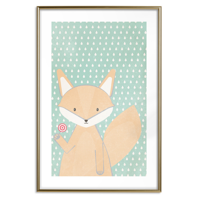 Poster Little Fox - funny animal with a lollipop in hand on polka dot wall 129550 additionalImage 16