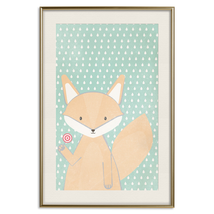 Poster Little Fox - funny animal with a lollipop in hand on polka dot wall 129550 additionalImage 26
