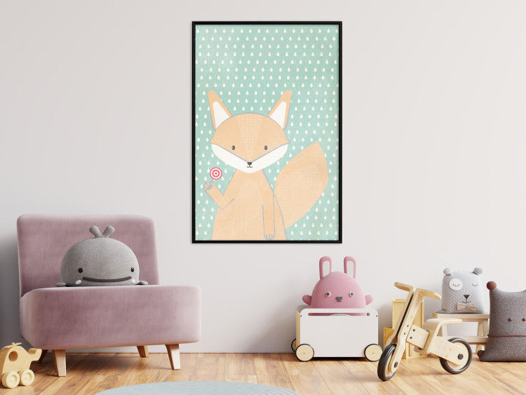 Poster Little Fox - funny animal with a lollipop in hand on polka dot wall 129550 additionalImage 4