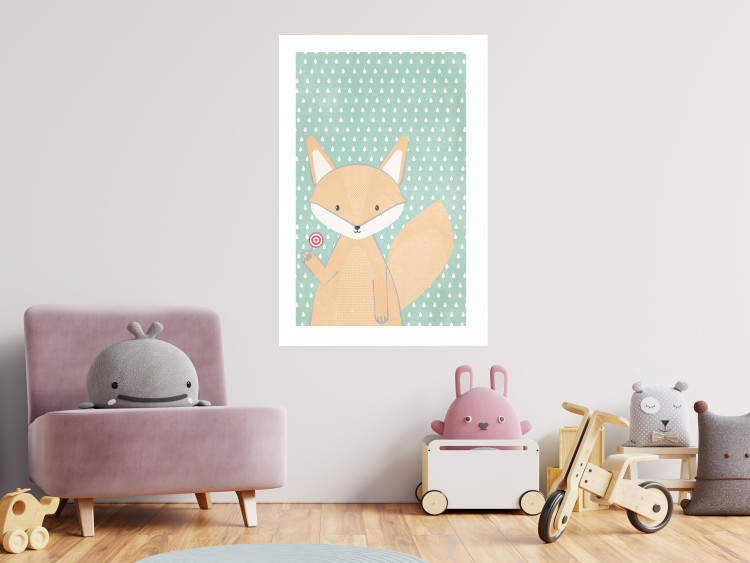 Poster Little Fox - funny animal with a lollipop in hand on polka dot wall 129550 additionalImage 5
