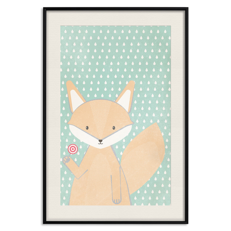 Poster Little Fox - funny animal with a lollipop in hand on polka dot wall 129550 additionalImage 27