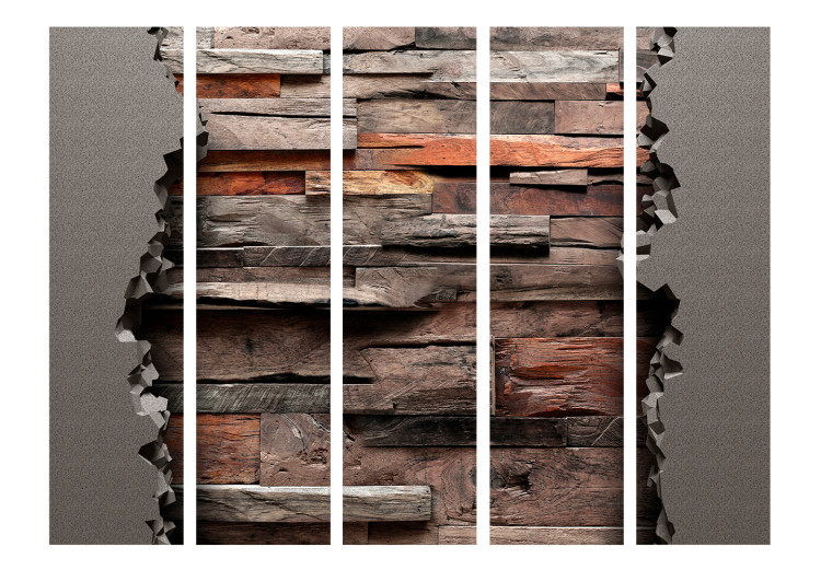 Room Separator Hidden Nature II (5-piece) - abstraction with brick and wood texture 133450 additionalImage 3