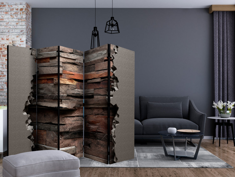 Room Separator Hidden Nature II (5-piece) - abstraction with brick and wood texture 133450 additionalImage 4