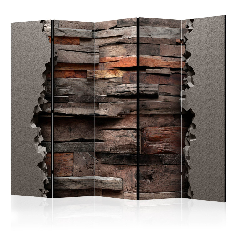 Room Separator Hidden Nature II (5-piece) - abstraction with brick and wood texture 133450