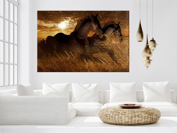 Canvas Art Print Golden gallop - two penalties horses galloping through a golden meadow 135050 additionalImage 3