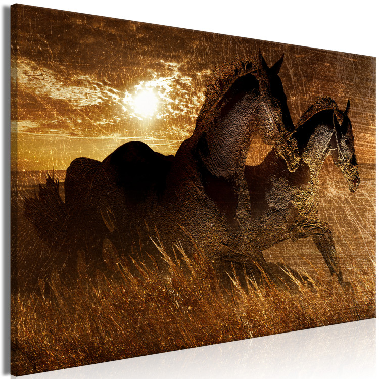Canvas Art Print Golden gallop - two penalties horses galloping through a golden meadow 135050 additionalImage 2