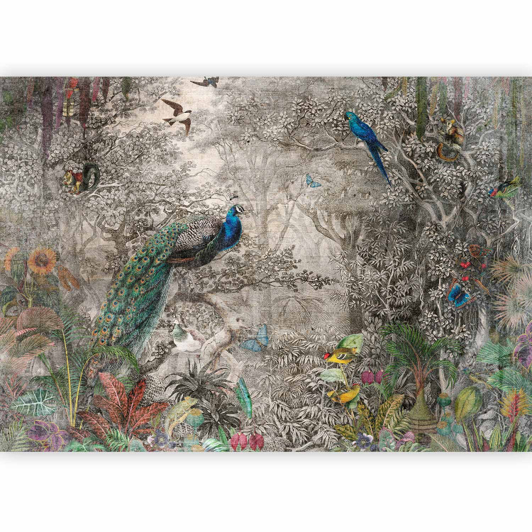 Wall Mural Exotic landscape - engraving with tropical animals and lush nature 142550 additionalImage 1