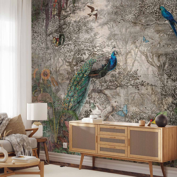 Wall Mural Exotic landscape - engraving with tropical animals and lush nature 142550