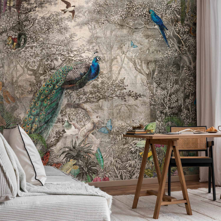 Wall Mural Exotic landscape - engraving with tropical animals and lush nature 142550 additionalImage 4