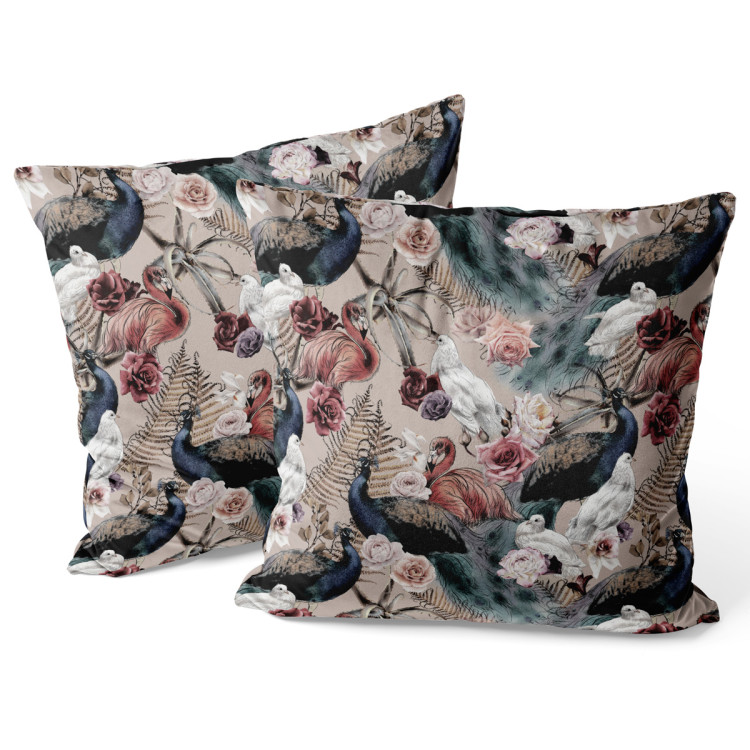 Decorative Velor Pillow Courtyard beauty - ferns, roses and exotic birds on a beige background 147150 additionalImage 3