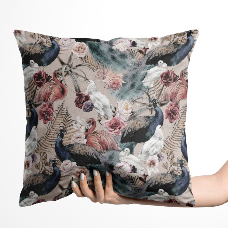 Decorative Velor Pillow Courtyard beauty - ferns, roses and exotic birds on a beige background 147150 additionalImage 2