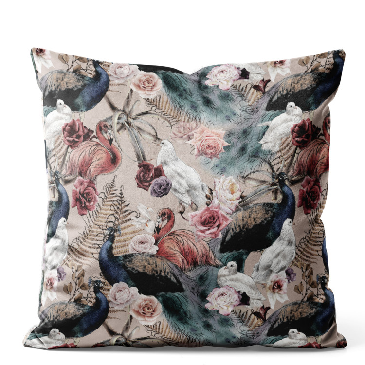 Decorative Velor Pillow Courtyard beauty - ferns, roses and exotic birds on a beige background 147150