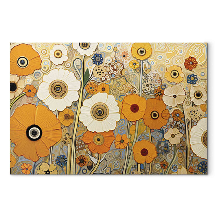 Canvas Print Orange Meadow - A Composition of Flowers in the Style of Klimt’s Paintings 151050