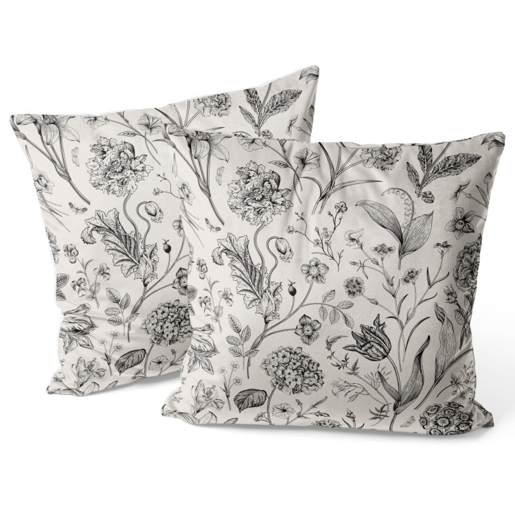 Decorative Velor Pillow Botanist’s Journal - Black and White Composition With Meadow Flora 151350 additionalImage 2