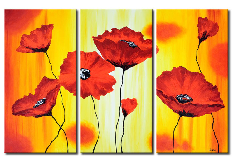 Canvas Print Carmine Poppies (3-piece) - flowers on a background in shades of orange 47550