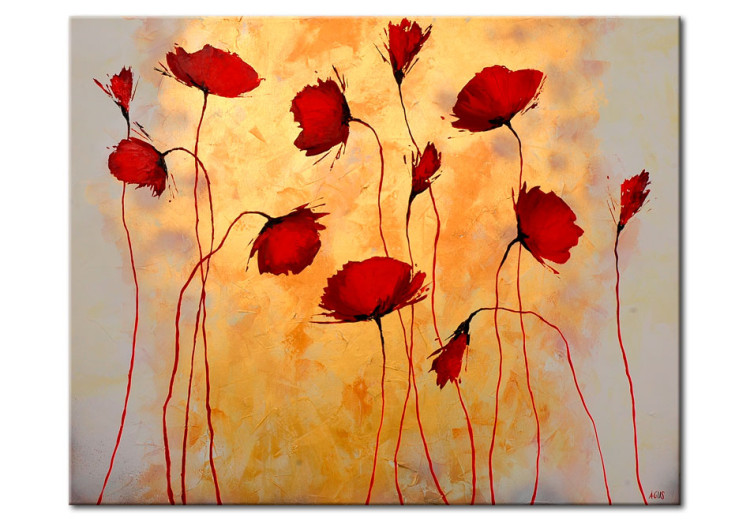 Canvas Art Print Poppies (1-piece) - Frayed flowers on a background of orange glow 48550