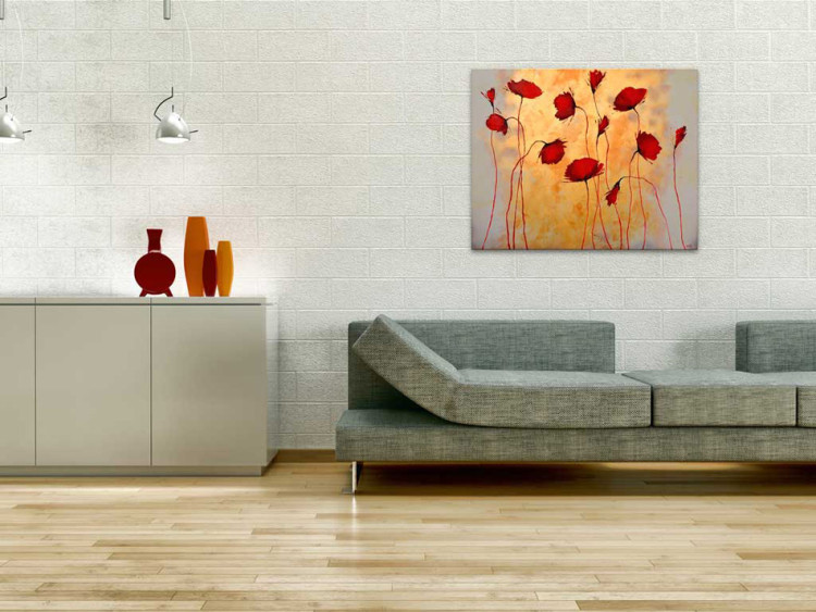 Canvas Art Print Poppies (1-piece) - Frayed flowers on a background of orange glow 48550 additionalImage 2