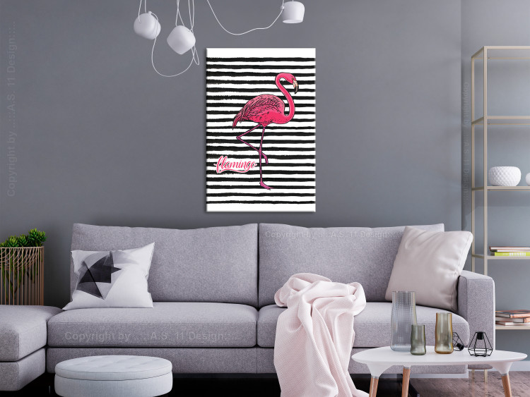 Canvas Print Bird of Youth (1-part) - Flamingo Against Black and White Stripes 115260 additionalImage 3
