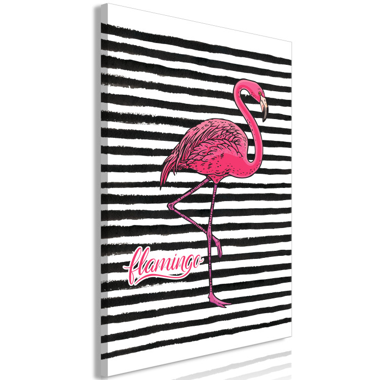 Canvas Print Bird of Youth (1-part) - Flamingo Against Black and White Stripes 115260 additionalImage 2
