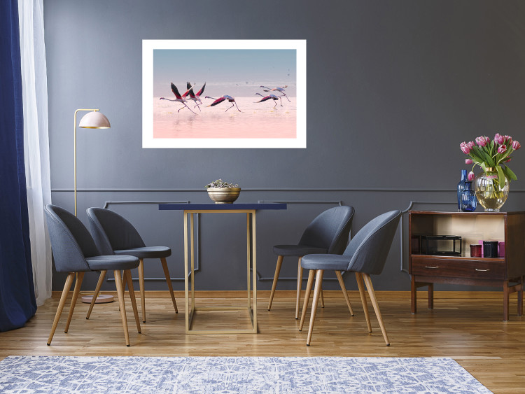 Wall Poster Flamingo Race - summer landscape of pastel water with pink birds 117460 additionalImage 2