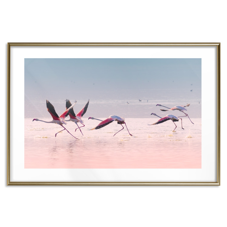 Wall Poster Flamingo Race - summer landscape of pastel water with pink birds 117460 additionalImage 14