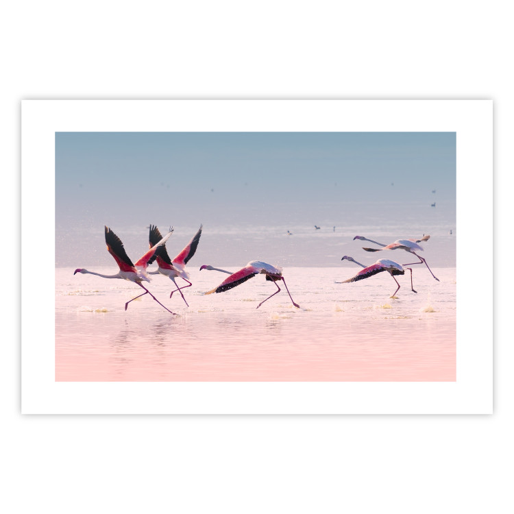 Wall Poster Flamingo Race - summer landscape of pastel water with pink birds 117460 additionalImage 19