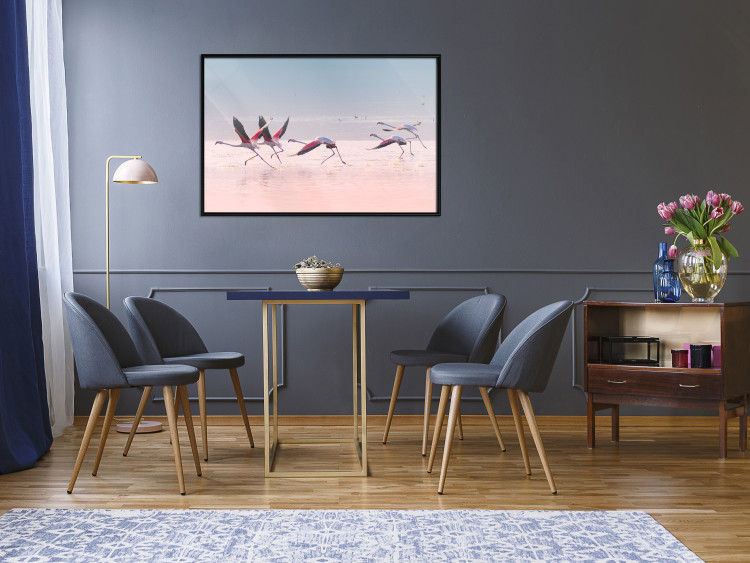 Wall Poster Flamingo Race - summer landscape of pastel water with pink birds 117460 additionalImage 3